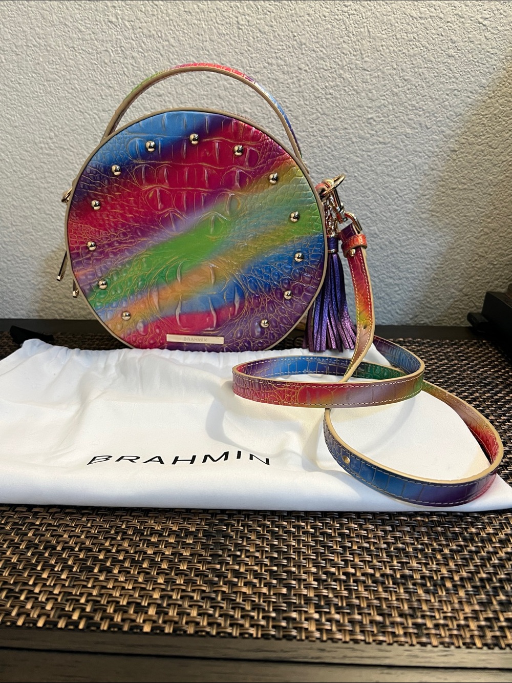 Brahmin Multicolor Rainbow Croc-Embossed Round Crossbody Bag